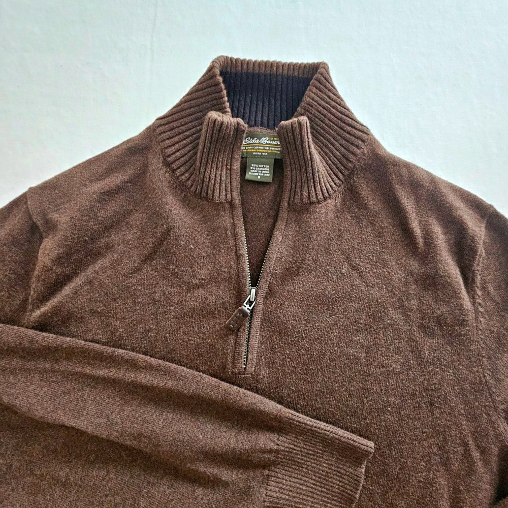 Eddie Bauer Mens Brown Cotton Cashmere Blend Quarter Zip Sweater Small S
